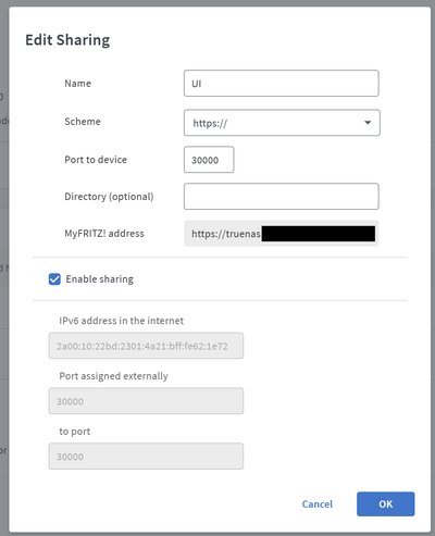 MyFRITZ! sharing for the TrueNAS UI, with the MyFRITZ! address of the device